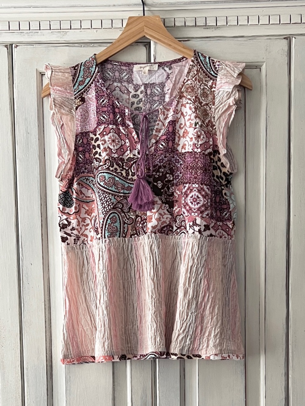 🟠NET MYSTREE Boho Patchwork Ruffle Sleeve Tank SMALL